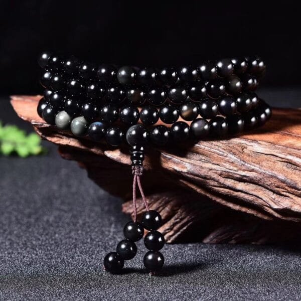 Natural Rainbow 108 Obsidian Mala Beads for Protection, Clarity & Spiritual Strength, Meditation Stone, Buddhist Gift Ideas