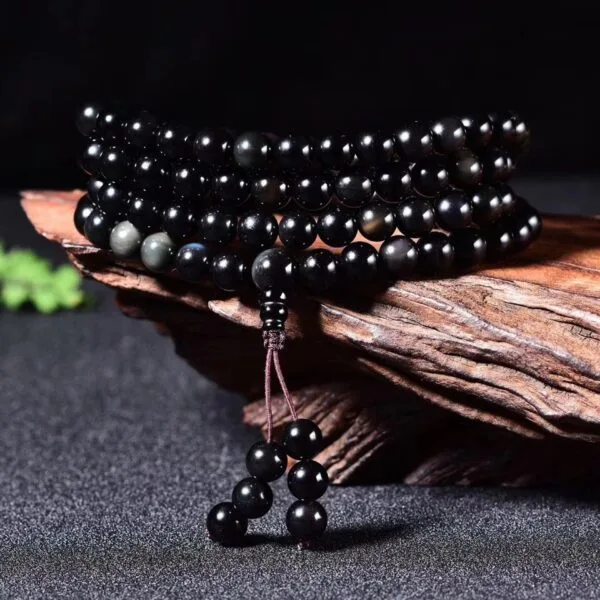 Natural Rainbow 108 Obsidian Mala Beads for Protection, Clarity & Spiritual Strength, Meditation Stone, Buddhist Gift Ideas